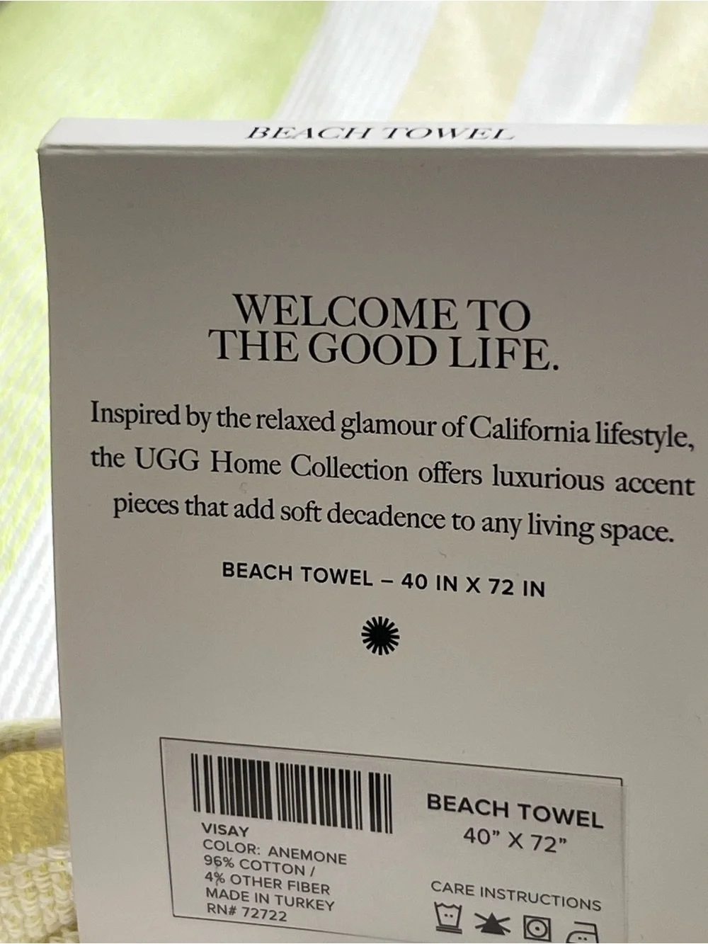 UGG Striped Beach Towel - White & Light Lime 40” X 72” NEW!!